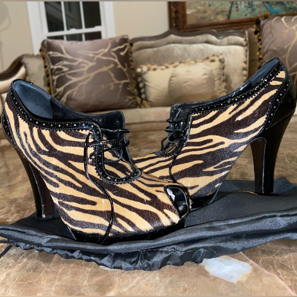 Fendi Animal Print Pony Hair Lace-Up Ankle Boot Pumps